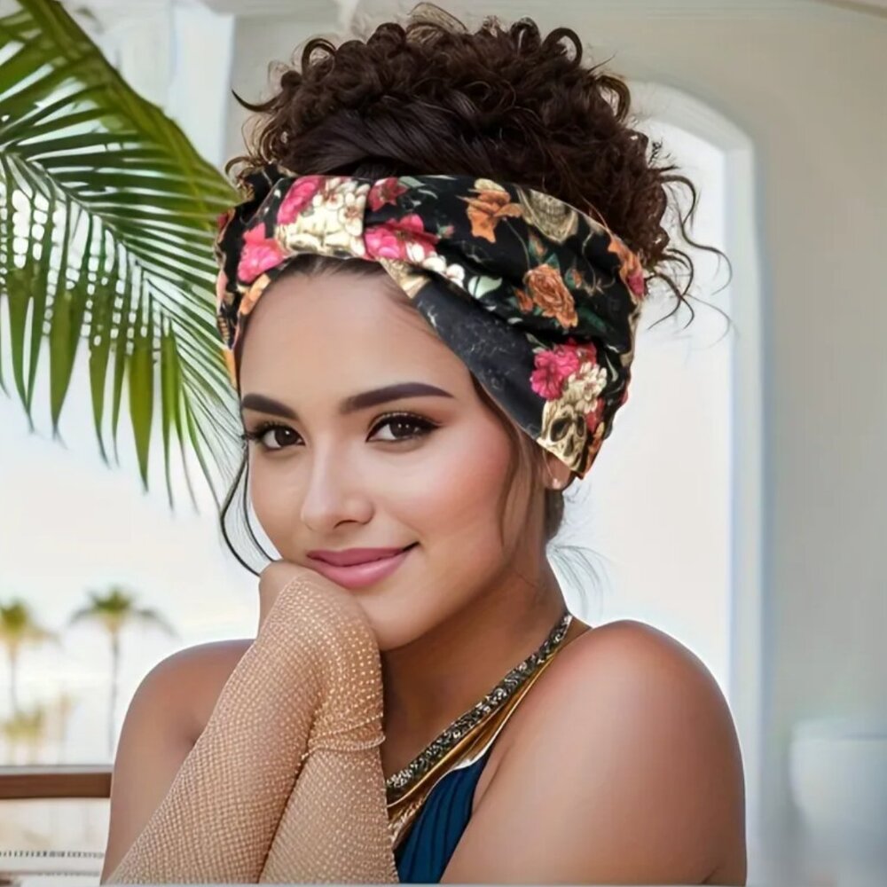 NEW Black and Pink Floral Skull Print Wide Headband Punk Boho Rocker Chic